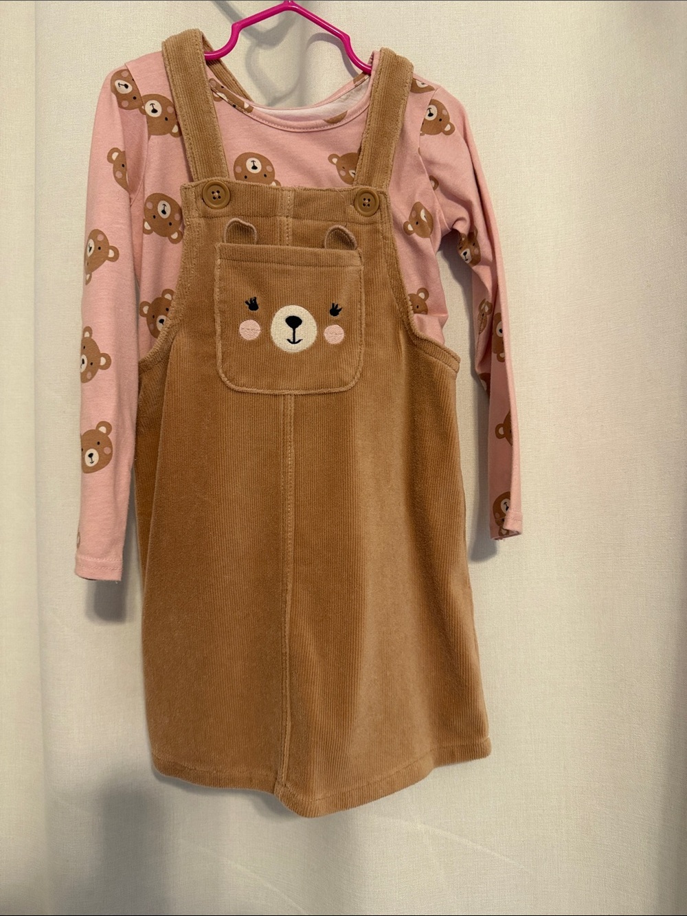 The Children's Place Pink Bear-Print Top with Brown Corduroy Bear Pinafore